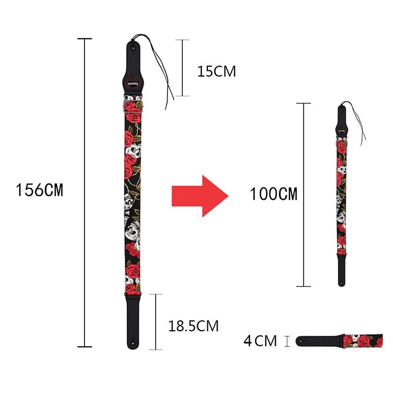 Rayzm Guitar Strap/Bass Strap, Cotton Belt for Acoustic/Electric/Bass Guitar with Plectrum Picks Pocket, Beautiful Rose with Cool Skull Pattern, 5cm Wide - Image 2